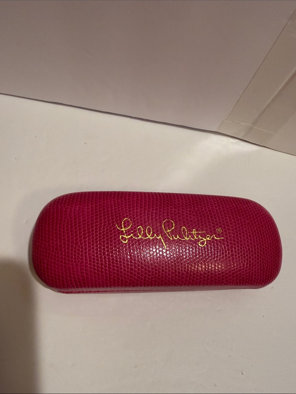 Lilly Pulitzer Hot Pink Textured Eyewear Case with Gold Logo see call outs